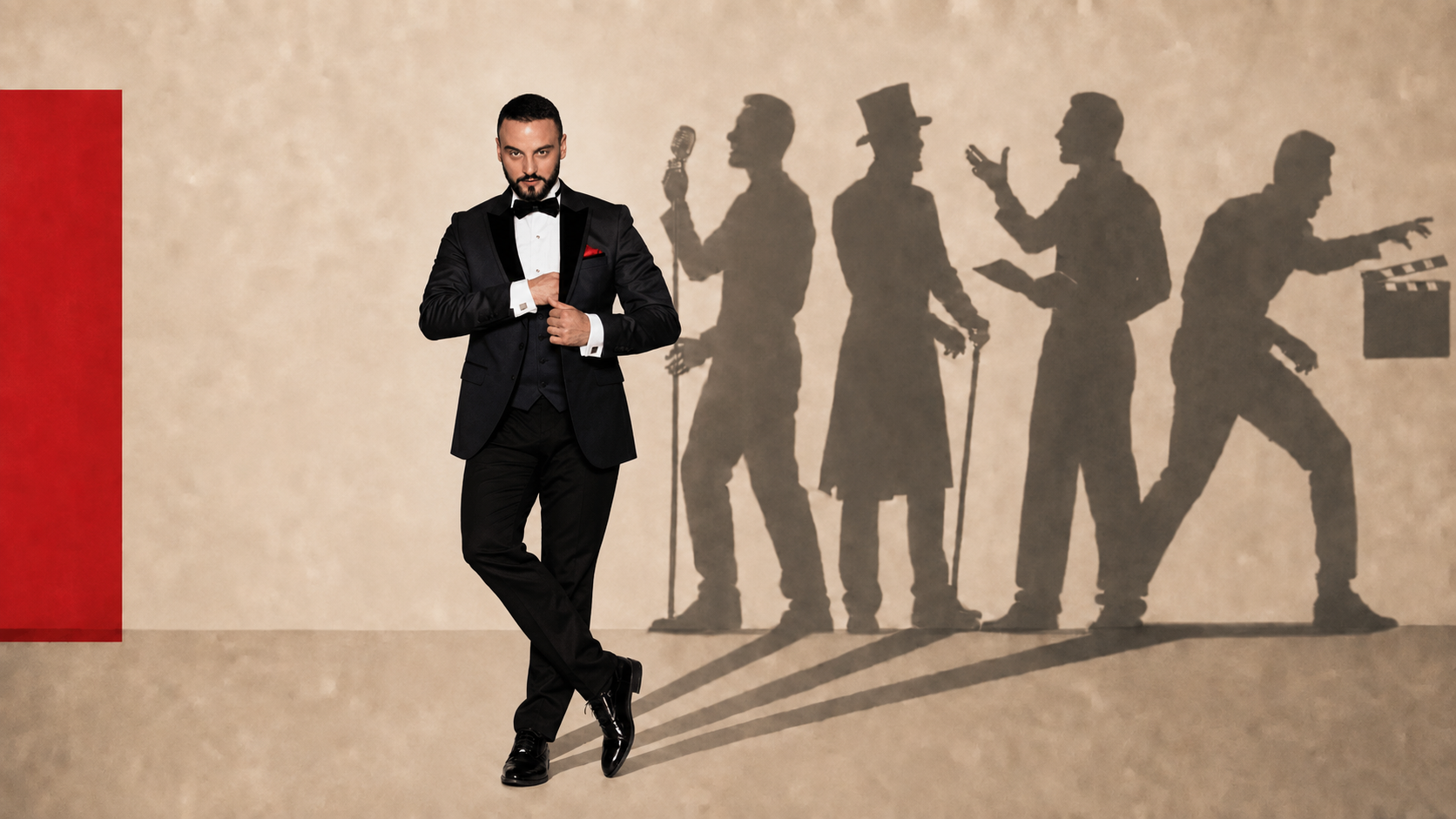 Žarko Dimoski with shadows representing singer, host, theatre actor and film performer